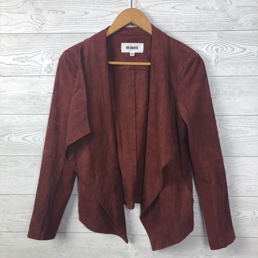 BB Dakota Women's Medium Faux Suede Long Sleeve Jacket Waterfall Collar Brown